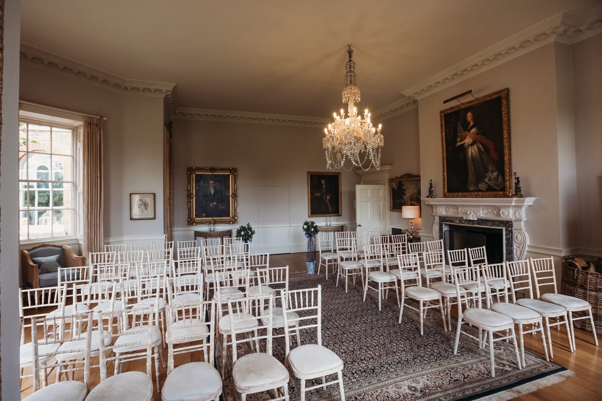 The Drawing Room at Norwood Park. Chairs all arranged for a wedding ceremony. Licensed for up to 75 guests 