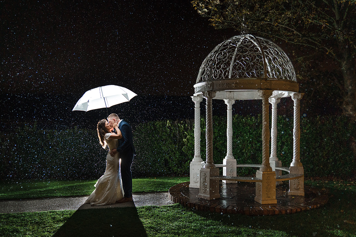 Rain photo from nottinghamshire of bride and groom kissing