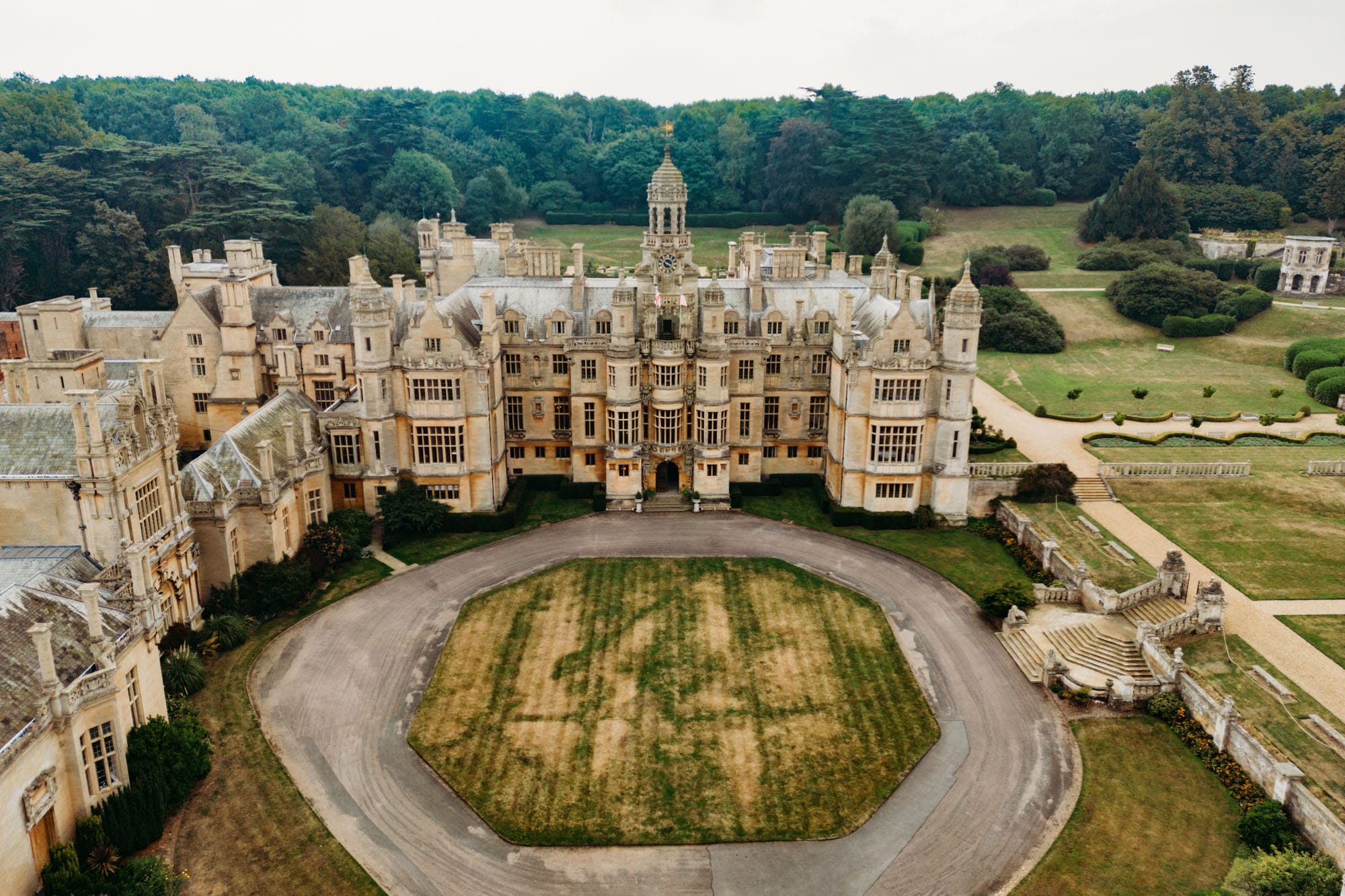 Aerial view of Harlaxton Manor from drone
