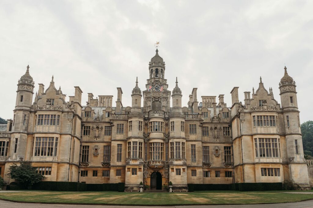 Photograph from the front of Harlaxton Manor before a wedding