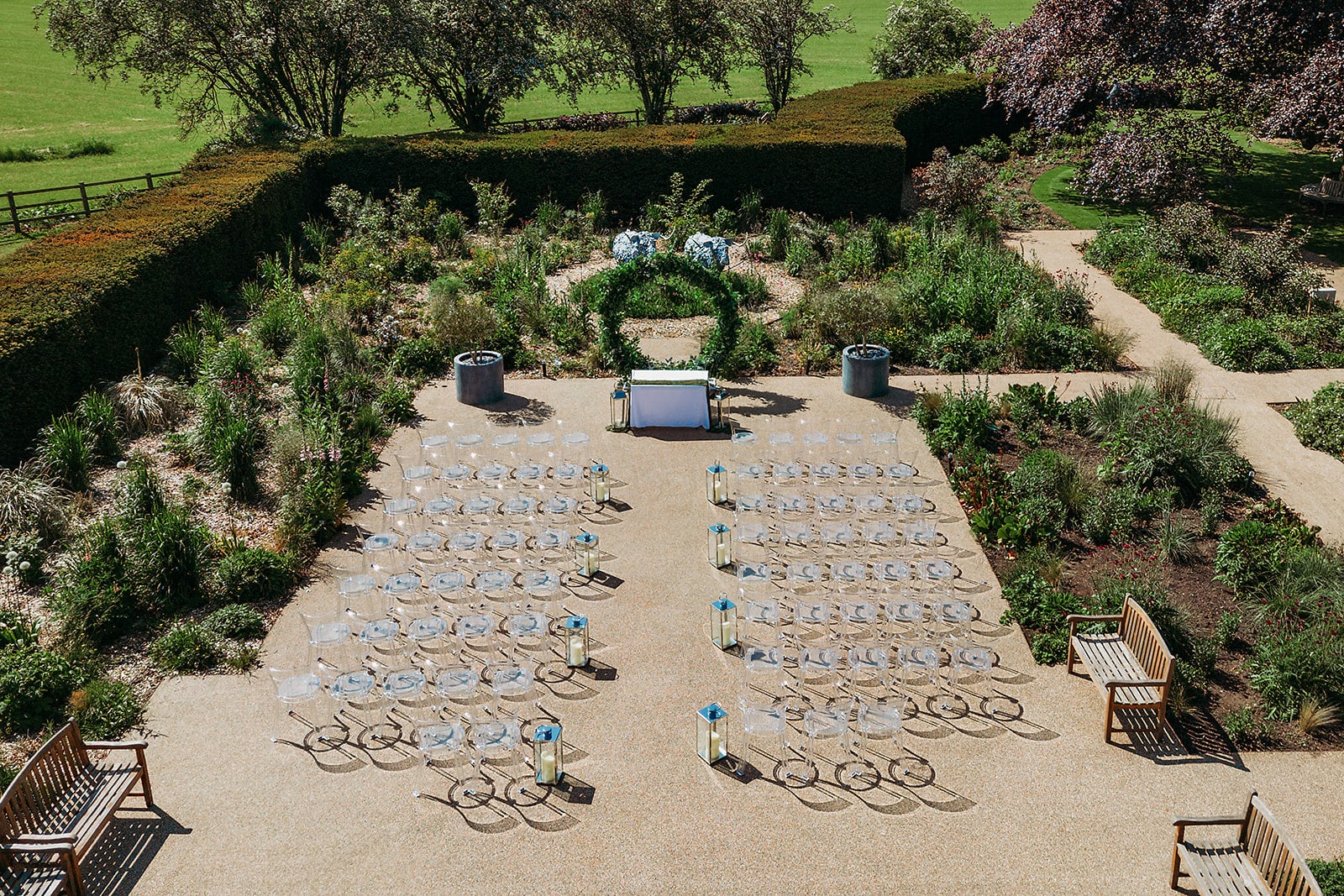 Aerial view of Standon Hall set up for an outdoor wedding ceremony