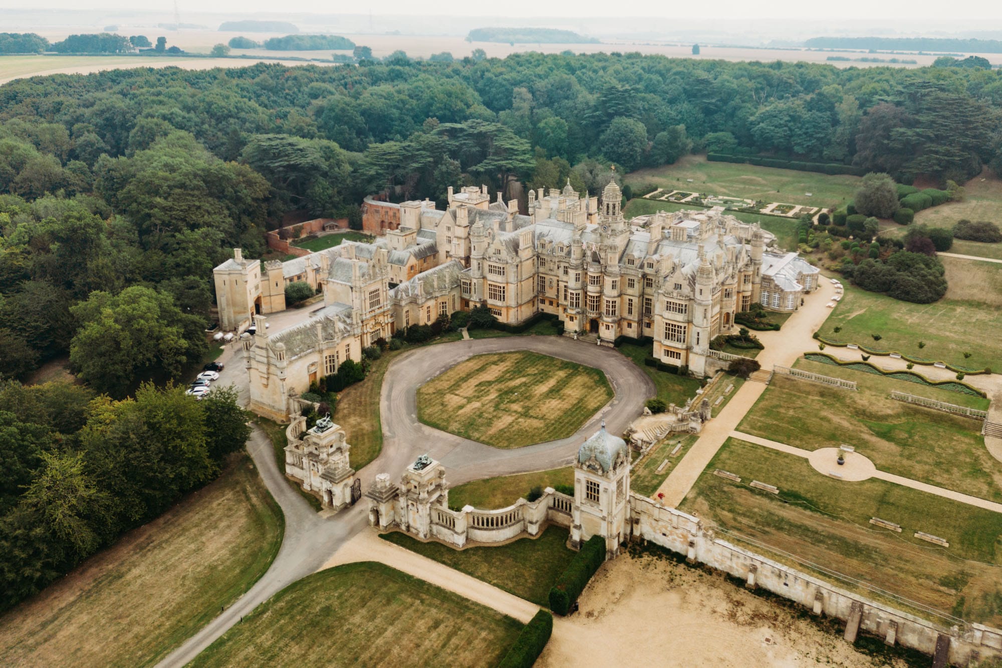 Aerial view of Harlaxton Manor from drone