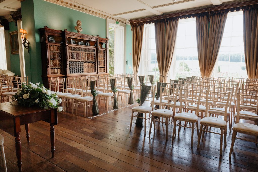 The library at Prestwold Hall set up for a wedding ceremony