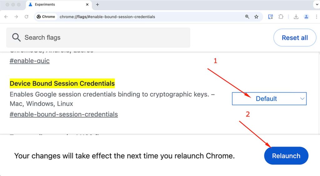 Screenshot of Chrome with the bound session credentials flag screen