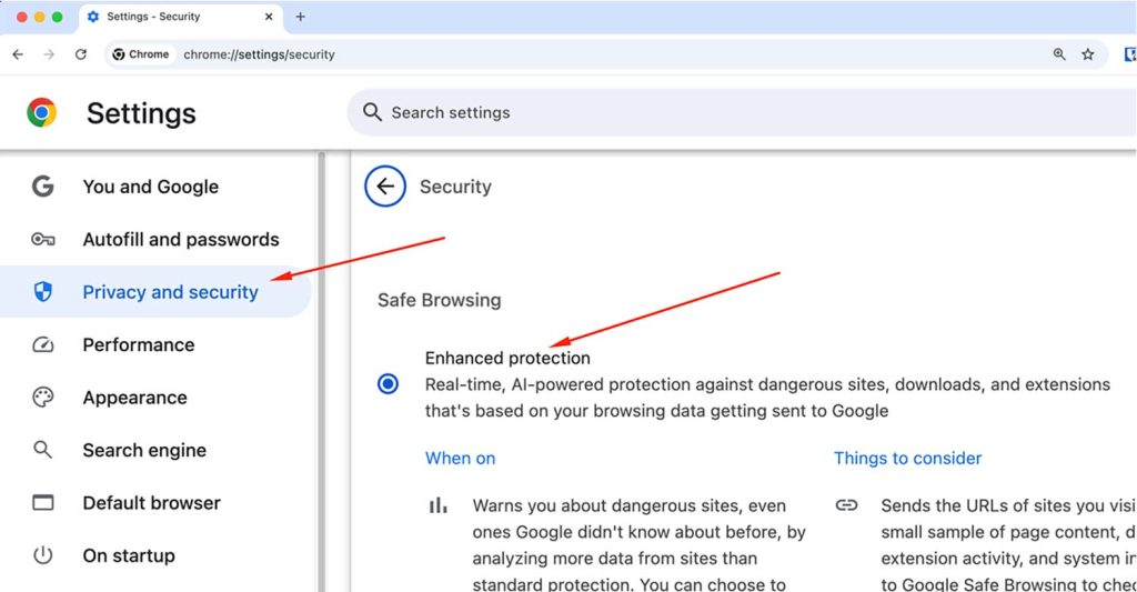 Turning on Chrome enhanced protection